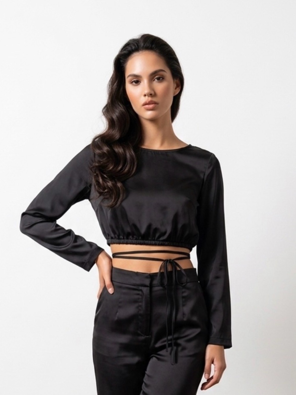 Satiny black long sleeve crop top with waist ties